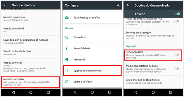 ativar o modo de depuração USB no seu android