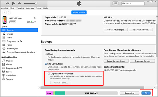 criptografar o backup do iPhone