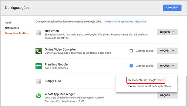 desconectar do Google Drive