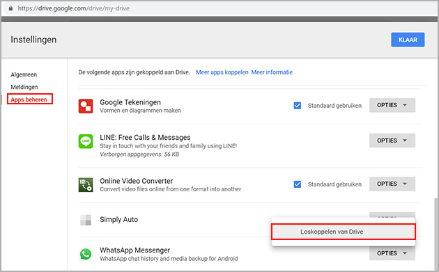 ontkoppel WhatsApp Messenger van de Google Drive