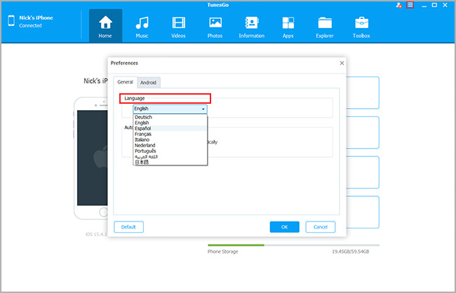 selección de idiomas en iOS Manager