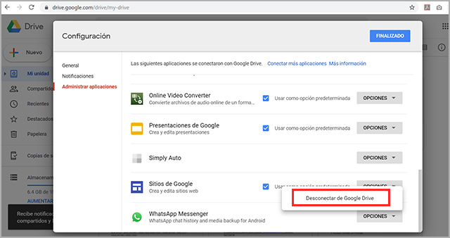 desconectar la aplicación de WhatsApp de Google Drive
