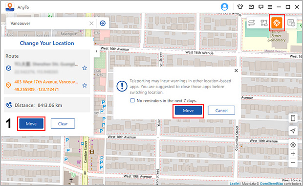 click move button to start faking gps location on android