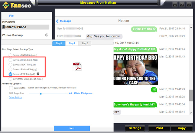 copy iPhone messages to a computer for printing