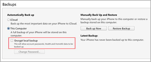 password protect the iTunes backup