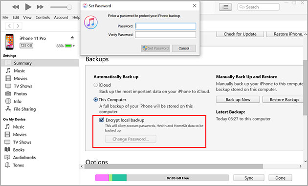 encrypting iTunes backup