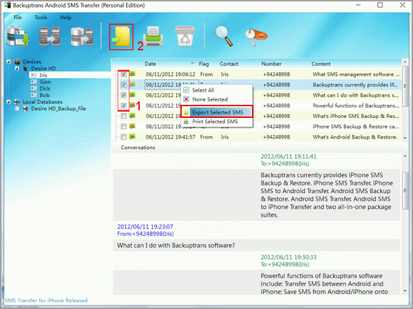export selected android text messages to computer