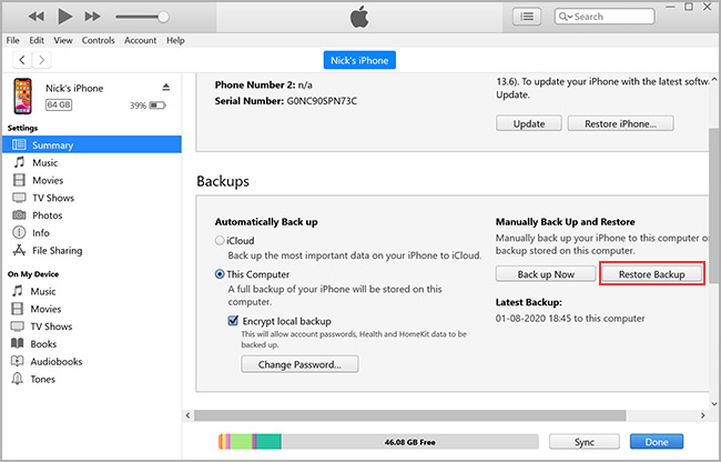 restore data from the iTunes backup file