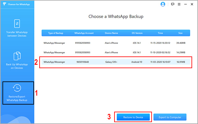 select Android whatsapp backup and restore