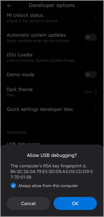allow usb debugging on android