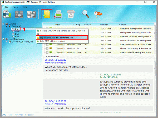 export android sms of a single contact