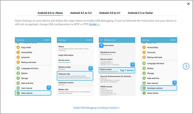 instructions to enable USB debugging