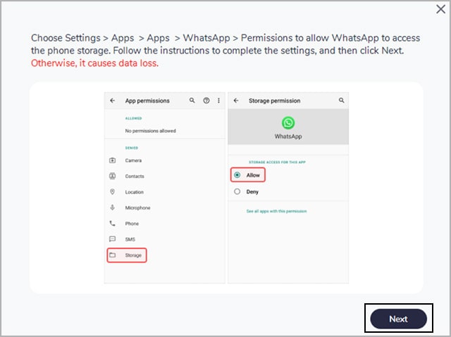 allow WhatsApp to access storage